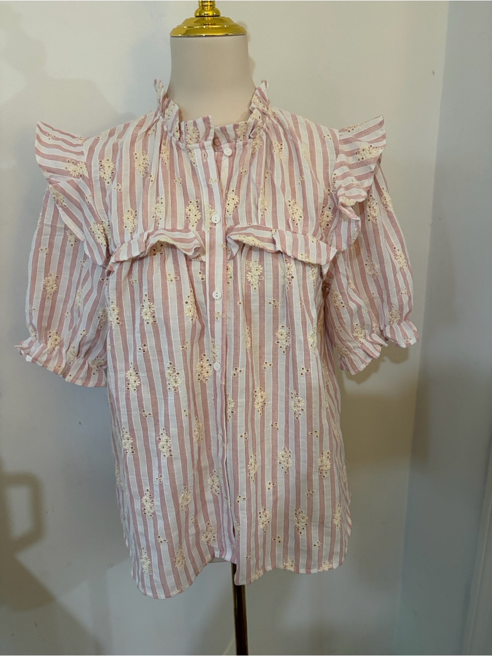 Pink Stripe Ruffle Eyelet Button-Up Blouse 100% Cotton